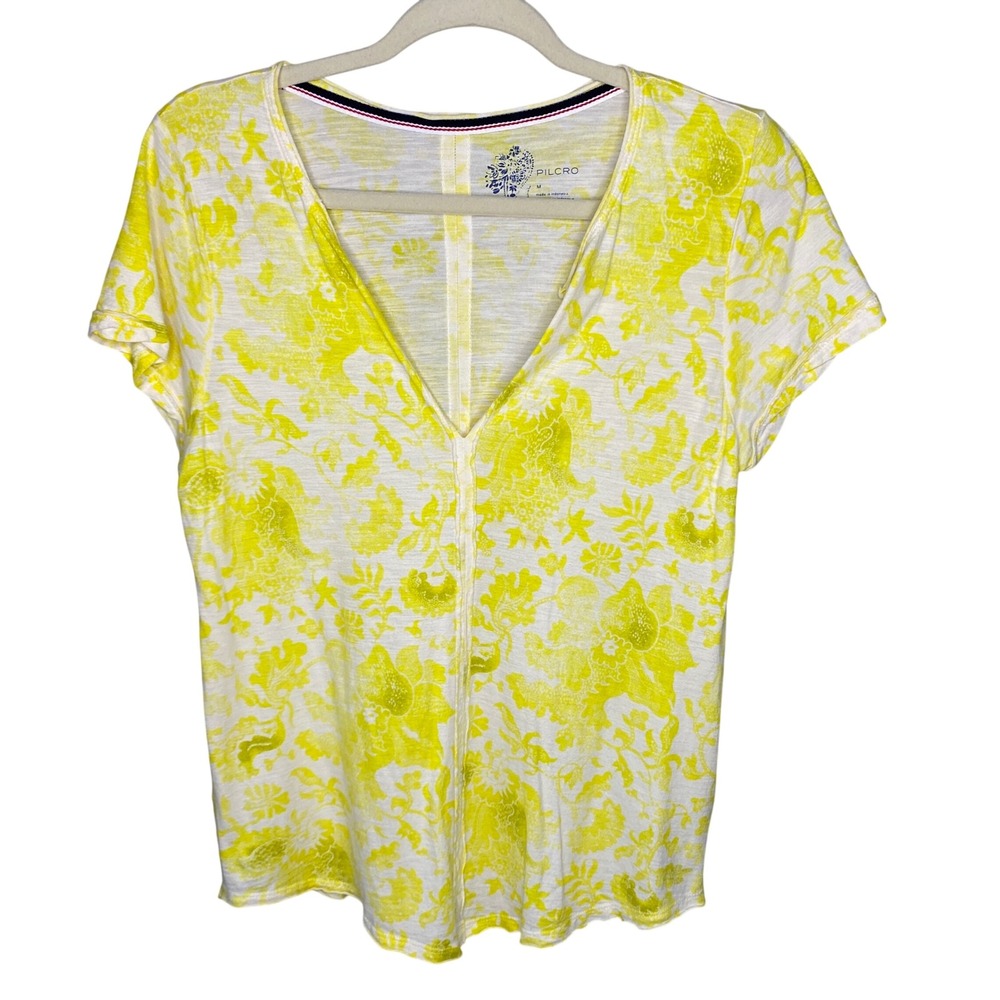 Pilcro Anthropologie Yellow Floral Damask V-Neck Slub T-Shirt Womens Medium